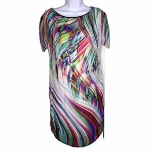 3 for $20 MILLY OF NEW YORK WaterColor Silk Dress Abstract Cap Sleeve Ruched Hem